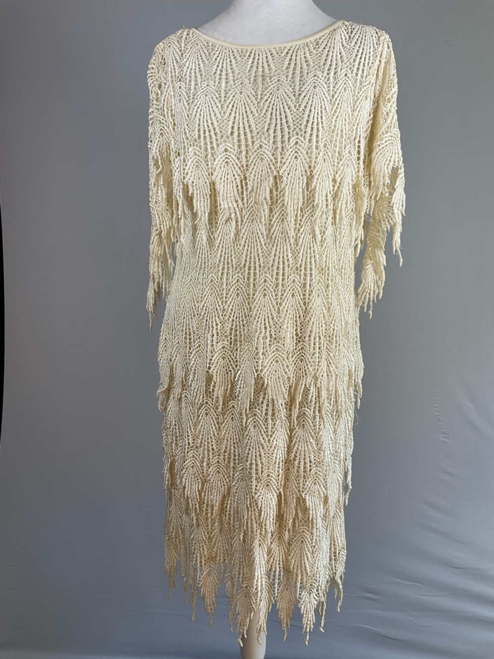 SAMAX Cream Crochet Fringe Mini Dress Lined Boho Coastal Resort Festival - Picture 5 of 16